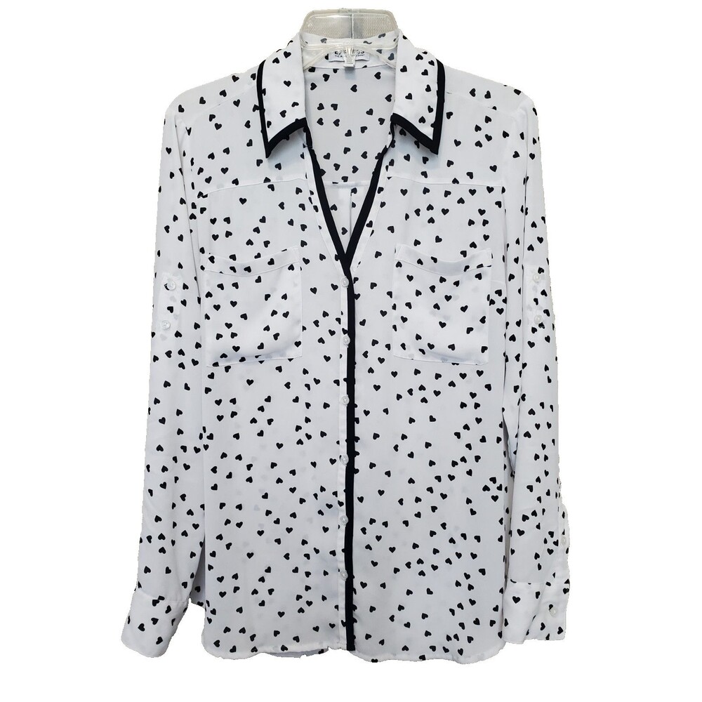 Express Portofino Heart Print Roll-Tab Sleeve Button-Up Shirt Size Large
